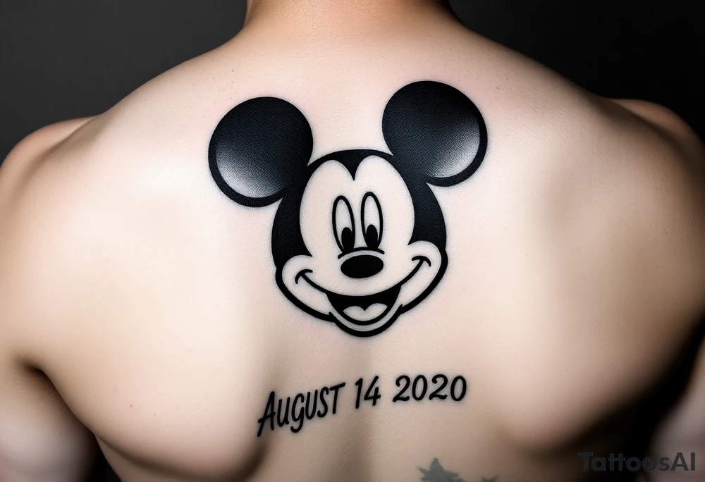 mickey mouse symbol with the name Galileo and the date August 14,2020, incorporated tattoo idea