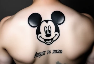 mickey mouse symbol with the name Galileo and the date August 14,2020, incorporated tattoo idea