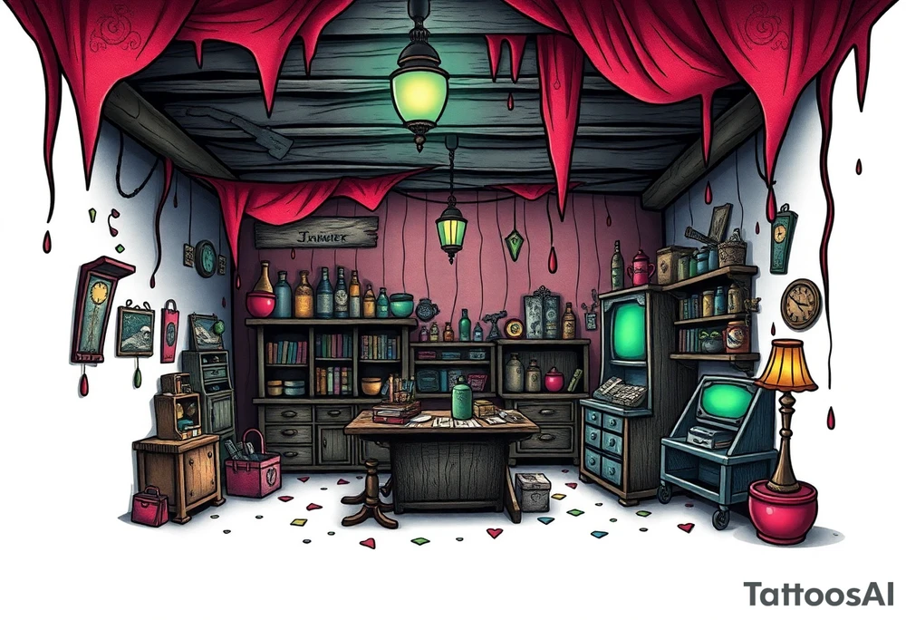 Tim Burton’s hobby shop is abandoned and dripping with muted reds, dusty pinks, and eerie green glow. tattoo idea tattoo idea
