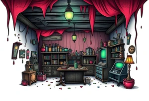 Tim Burton’s hobby shop is abandoned and dripping with muted reds, dusty pinks, and eerie green glow. tattoo idea tattoo idea