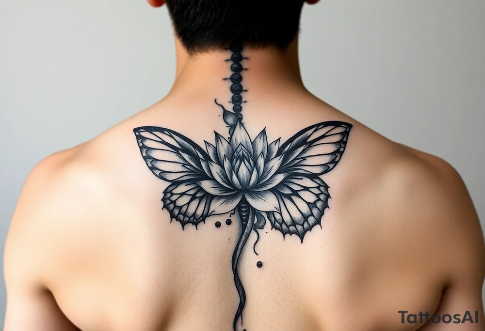 Elegant spine tattoo with lotus flower and butterfly with cracked wings tattoo idea