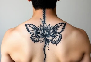 Elegant spine tattoo with lotus flower and butterfly with cracked wings tattoo idea