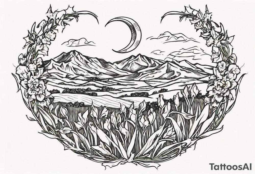 Create a small Vincent van Gogh Irises tattoo in the form of a crescent, with vines or Celtic knots gracefully intertwining at a central point in the middle of the wreath.  In the middle of the wreath are mountains and other items found in New Mexico. Ensure that the design avoids the appearance of a bush and maintains a more structured and deliberate arrangement. The intended placement is on the upper chest. The overall design should be small in size while maintaining a delicate and artistic aesthetic. Pay attention to the graceful flow of the vines and the placement of the irises to achieve a refined and elegant look. tattoo idea