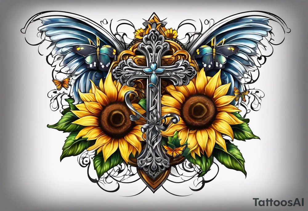 Winged cross with sunflower and butterflies tattoo idea