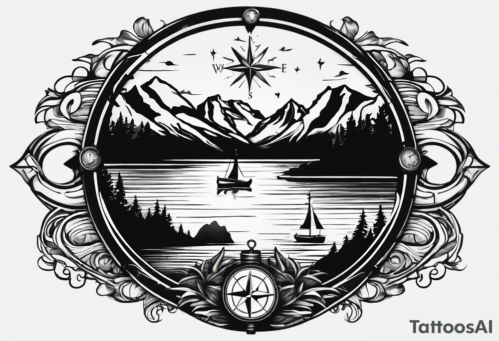 The word "HARK" as a banner with a mountain, a carabiner, compass, and a lake and pontoon in a circular design tattoo idea