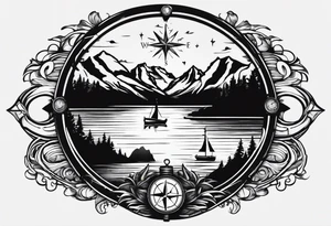 The word "HARK" as a banner with a mountain, a carabiner, compass, and a lake and pontoon in a circular design tattoo idea