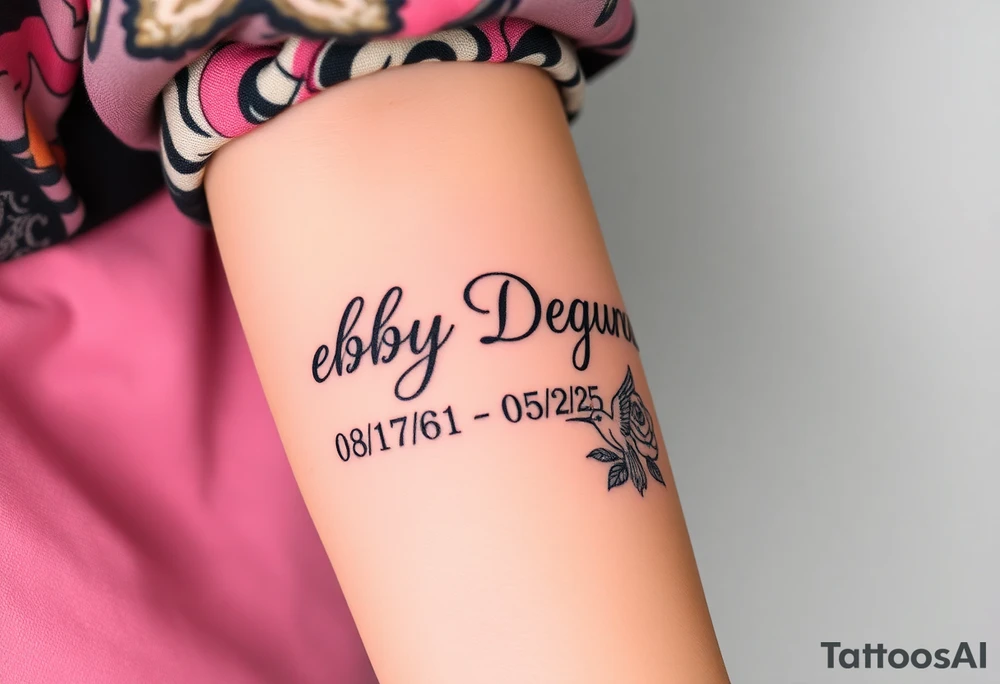Tattoo of the exact name Debby Deguzman in chunky curly cursive with the exact dates of 08/17/61-05/29/25 surrounded by 1 hummingbird and 1 rose tattoo idea