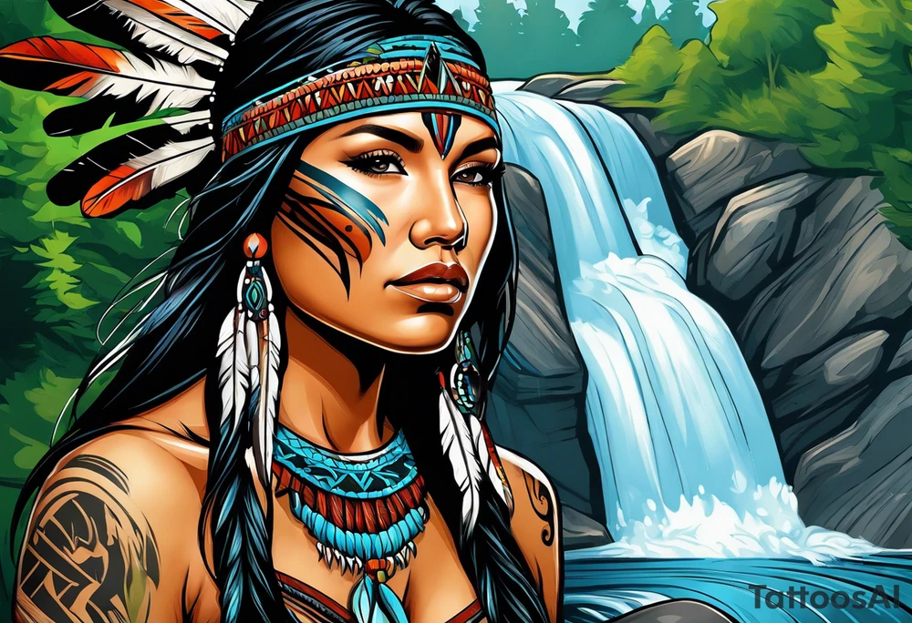 A native American Indian woman by a waterfall she is Aquarius water barrer she has tattoos and her eyes can see right through you tattoo idea