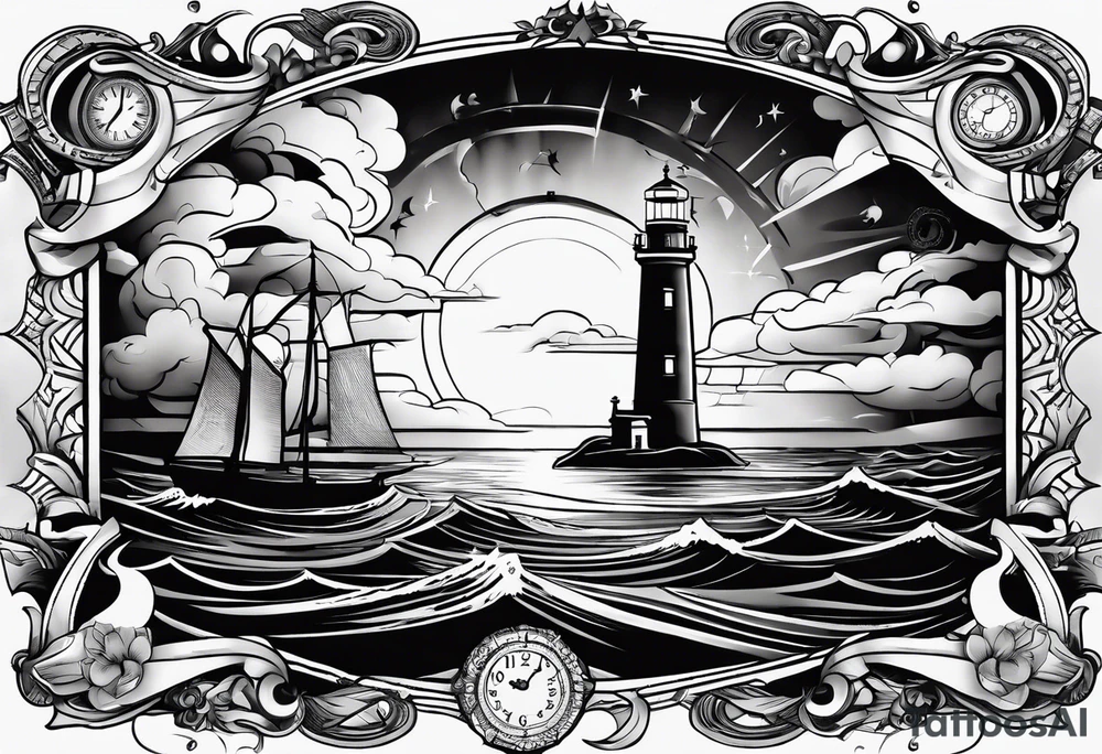 minimalist "open book" with a lighthouse in the middle and a clock and surrounded by storm sailor jerry style tattoo idea