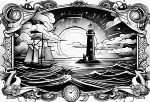 minimalist "open book" with a lighthouse in the middle and a clock and surrounded by storm sailor jerry style tattoo idea