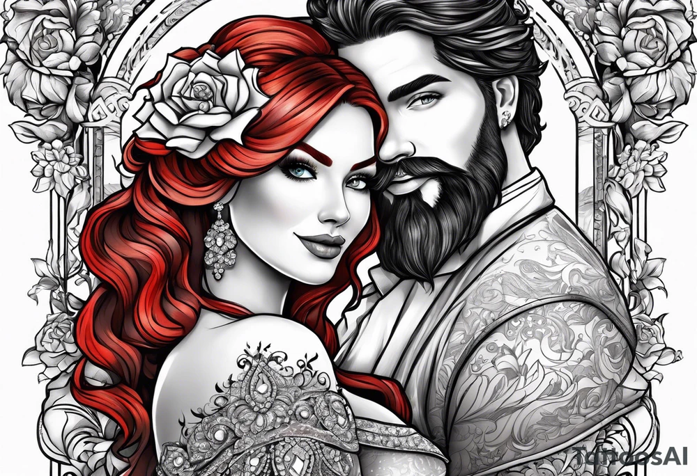 Busty red haired woman and a bearded man with black hair getting married tattoo idea