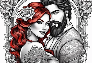 Busty red haired woman and a bearded man with black hair getting married tattoo idea