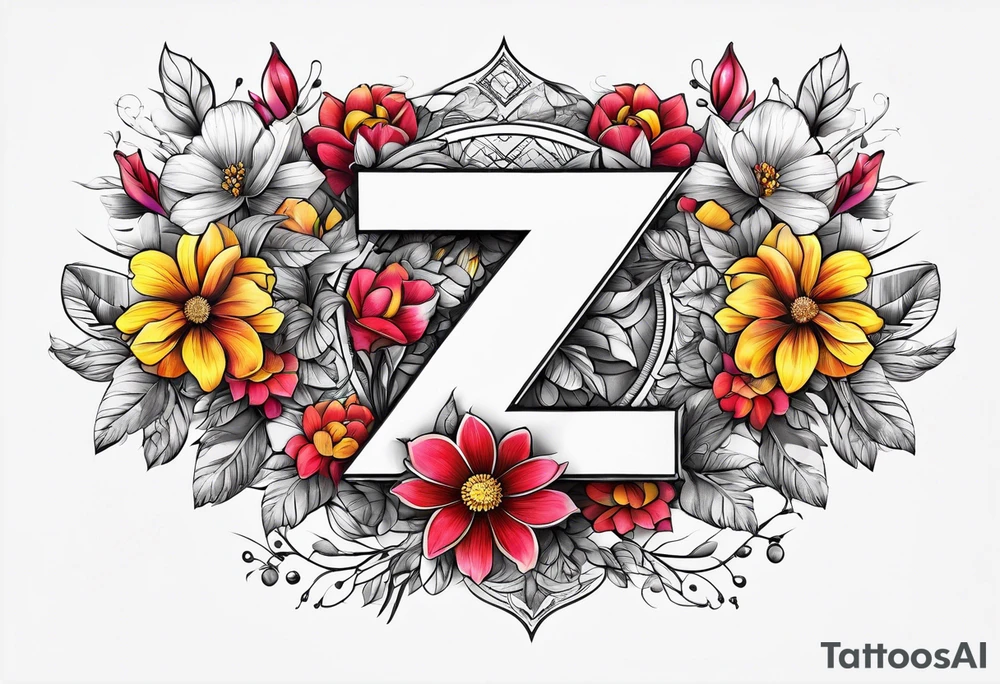 The number seven surrounded by colorful flowers tattoo idea