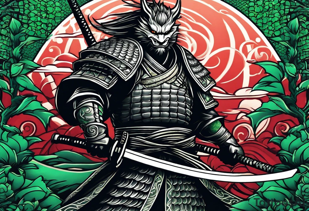 Ronin with drawn Katana in front of green dragon scale background tattoo idea