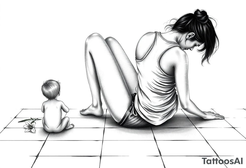 a tile floor with a realistic silhouette of the back of a thin woman sitting curled on the tile floor and the shadow of a young child sitting next to her with a lily next to them on the floor. The woman is wearing a Racerback tank top, running shorts, has dark hair pulled up high, and her head is down. tattoo idea