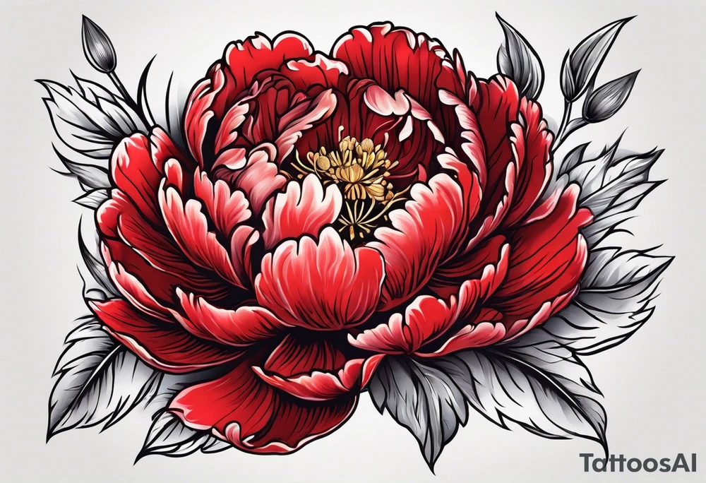 Red peony with small rabbit on petal tattoo idea
