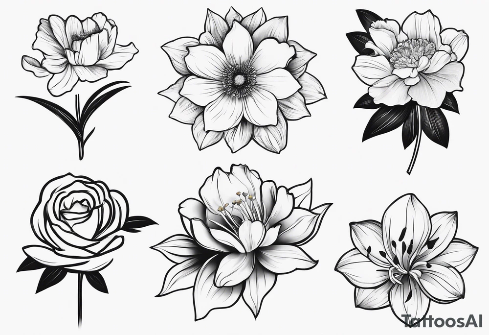 small minimalist black and white tattoo of a flower bouquet that MUST include 6 DIFFERENT flowers with ONE OF EACH: a carnation, a daffodil, a lily stock, a rose, a cosmos, and a chrysanthemum. tied together with a small bow tattoo idea