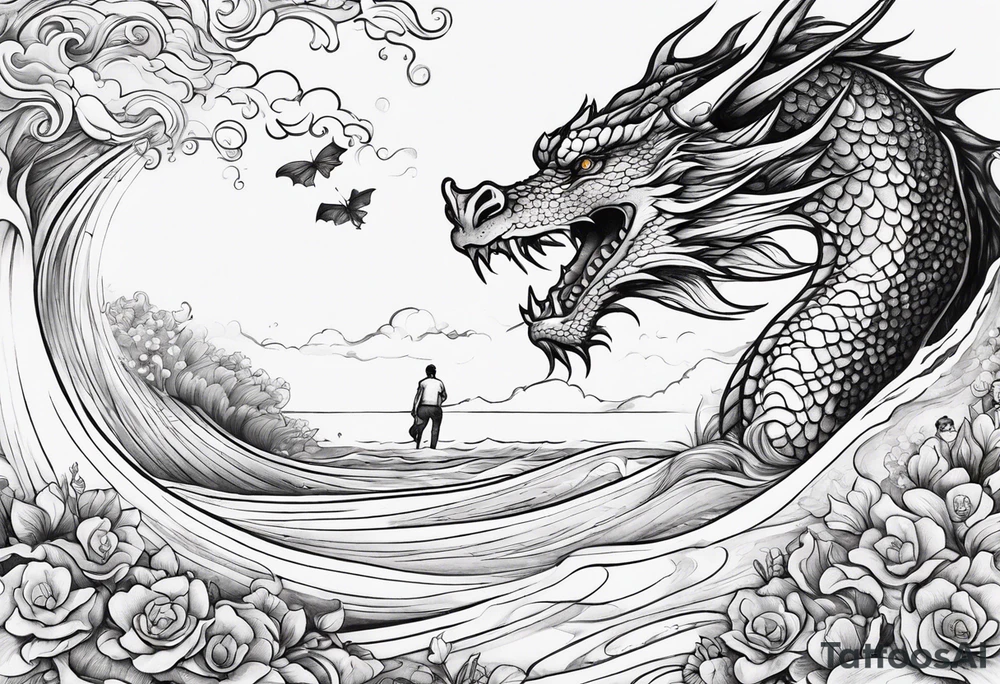 create me a tattoo with a dragon on a wave and a feild of violets and a man and a child walking together tattoo idea