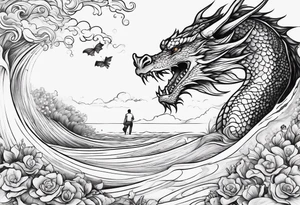 create me a tattoo with a dragon on a wave and a feild of violets and a man and a child walking together tattoo idea