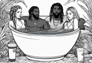 Black guy with dreads inside a foam cup like it’s a jacuzzi with two white girls with the words “Goodvibes in my cup” tattoo idea