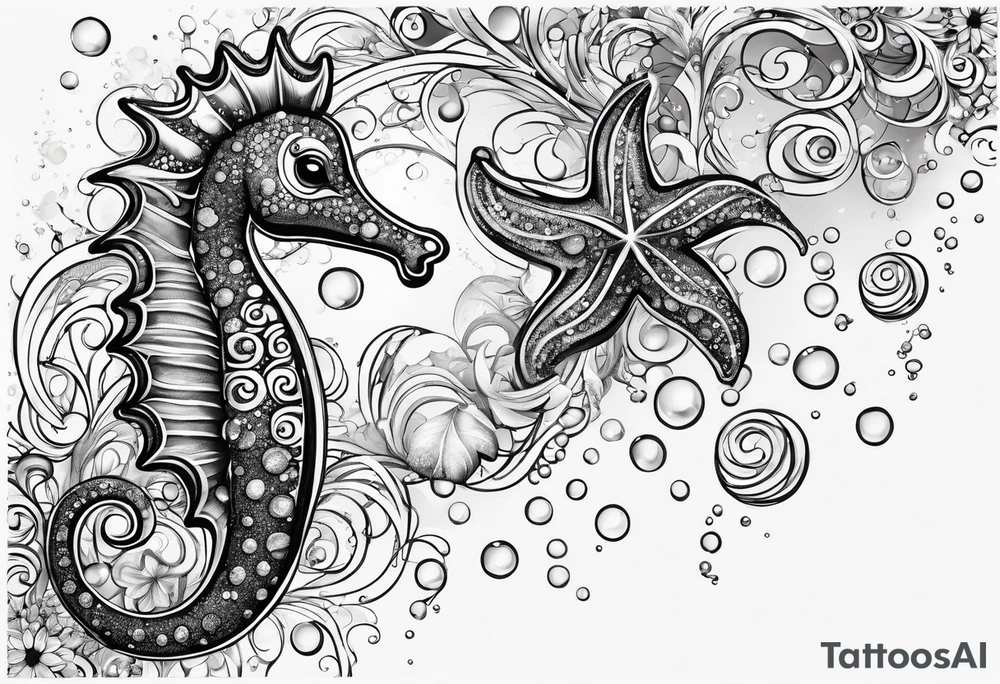 Small Starfish, Seahorse in a vertical line with bubbles tattoo idea