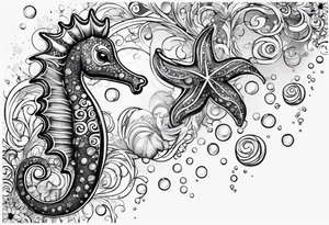 Small Starfish, Seahorse in a vertical line with bubbles tattoo idea