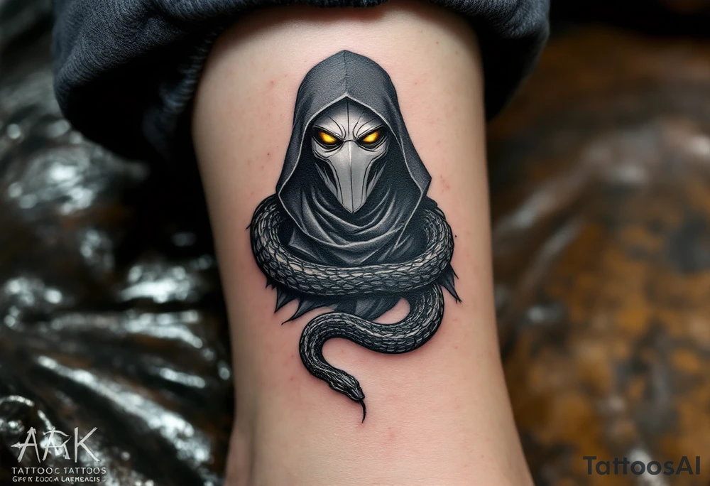 Plague Doctor with a Snake – A dark-robed doctor with a silver-gray mask, with a black viper wrapped around their arm, symbolizing healing and poison. The snake's eyes glow deep amber, adding a mystical touch. tattoo idea