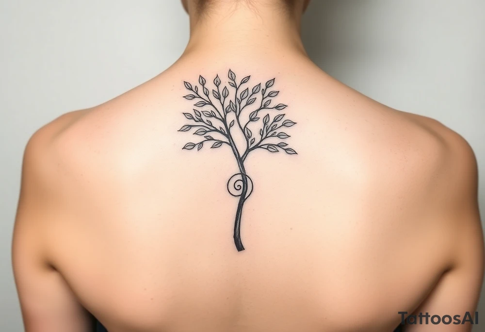 A tree with fee leaves, with a spiral line coming from the center of the tree and moving outward tattoo idea