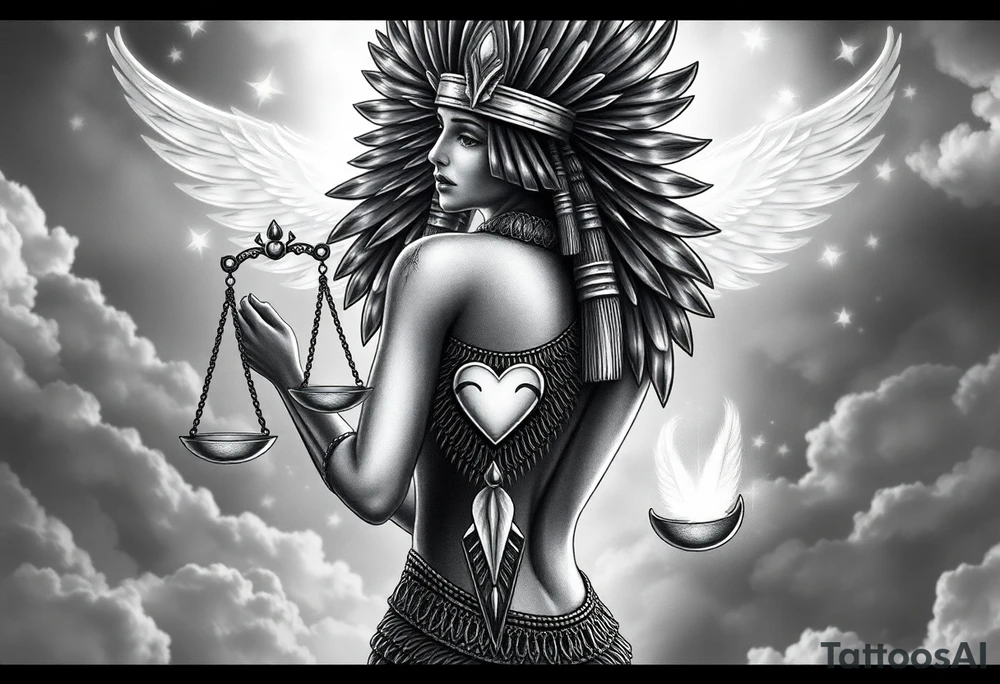 Beautiful Egyptian goddess with a curvy sexy body. She is wearing an ostrich feather headdress, and intricate ancient Egyptian jewelry the Anhk necklace. Background includes something similar to heaven. Incorporate the Scales of Justice—one side holding a heart, the other Ma’at’s feather—glowing with ethereal energy. Emphasize dramatic lighting, deep shadows, and surreal, mystical atmosphere tattoo idea
