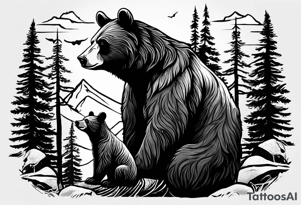 The tattoo shows a mother bear holding two bear cubs in her arms. A small bear cub and a larger bear cub. The bears are surrounded by fir trees and rocks. There is written „no matzer what i got your back“ above and under tattoo idea