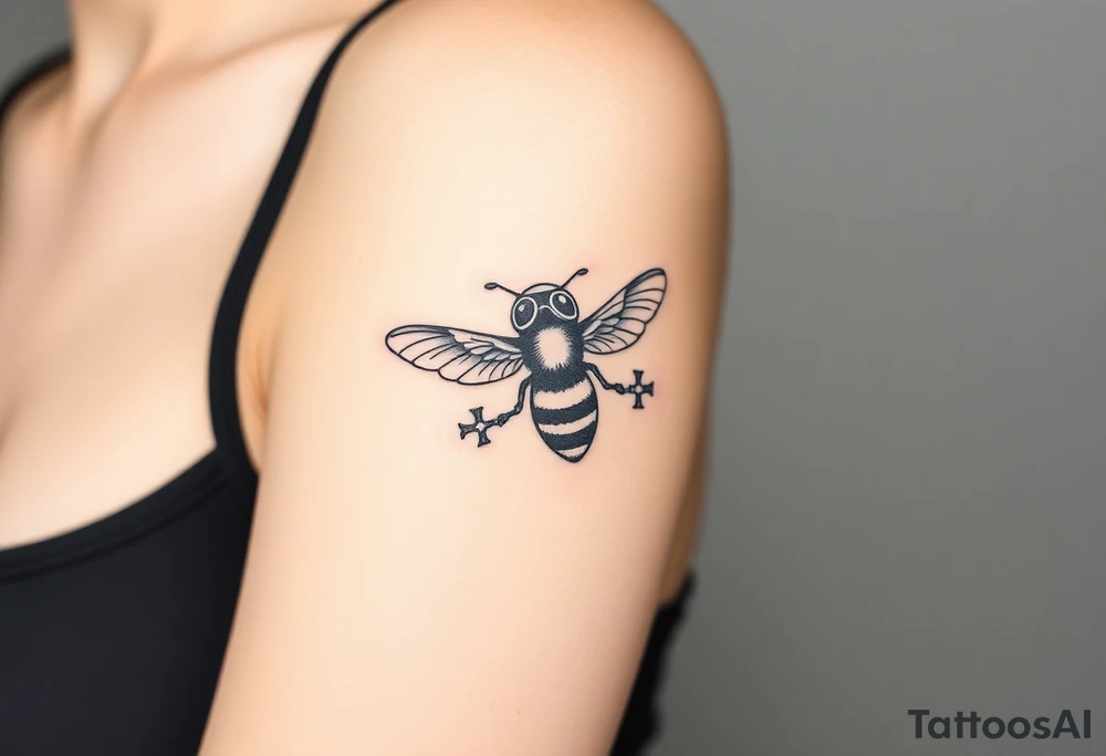 bee with a pilots hat flying next to a jet plane tattoo idea