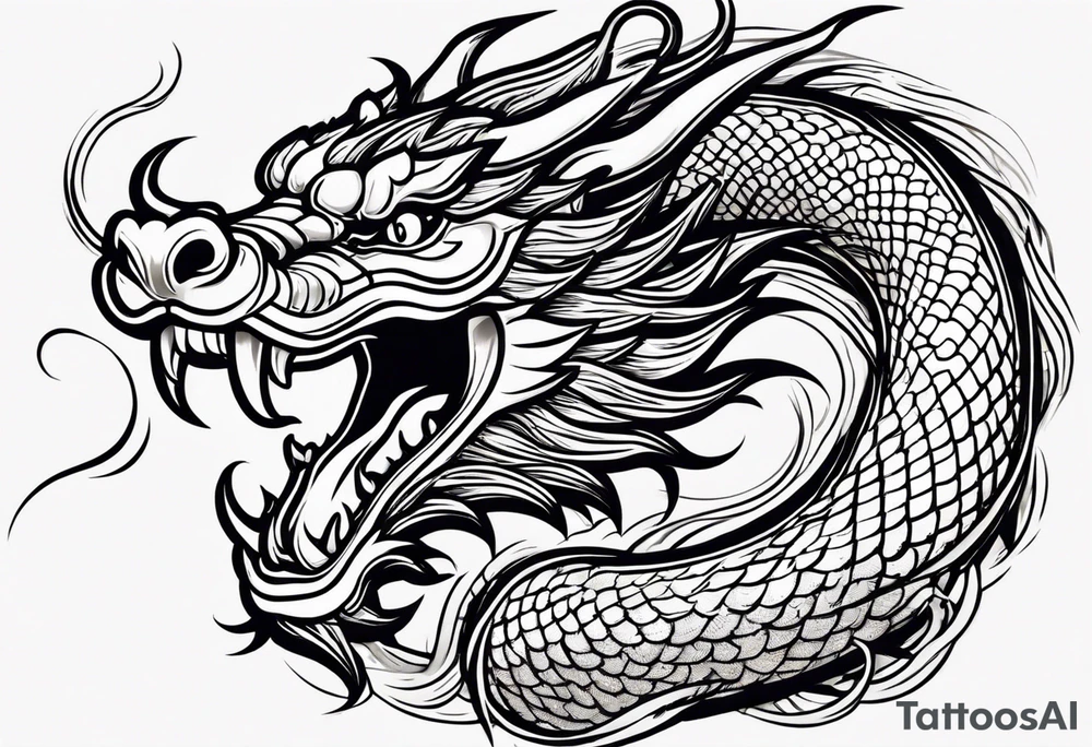 Create a detailed sketch of a Chinese dragon tattoo. The dragon should be depicted in a dynamic, serpentine pose, with its body coiled and flowing gracefully. Emphasize its ornate features: long, sinuous body covered in intricate scales, powerful claws, and a fierce, expressive face with prominent whiskers and a beard. Include traditional Chinese elements like clouds or waves to enhance the composition. Use clean lines and bold shading to ensure the design is suitable for a tattoo, with a focus on capturing the dragon's majestic and mythical qualities tattoo idea