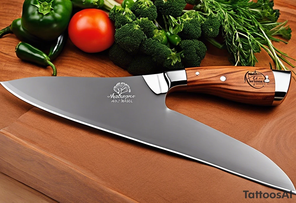 I want a realistic tattoo in the shape of a slicing knife like a Miyabi Birchwood SG2 Chef's Knife, well detailed especially on the handle, with a scene of a professional kitchen on the blade, such as a large central plancha with 2 enthusiastic cooks in the heat of the action (one with his back to t tattoo idea