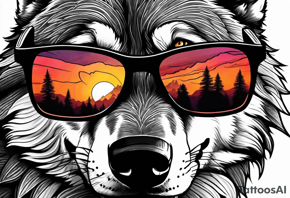 Badass wolf wearing sunglasses
Dark woods
Mountain peaks
Sunset tattoo idea