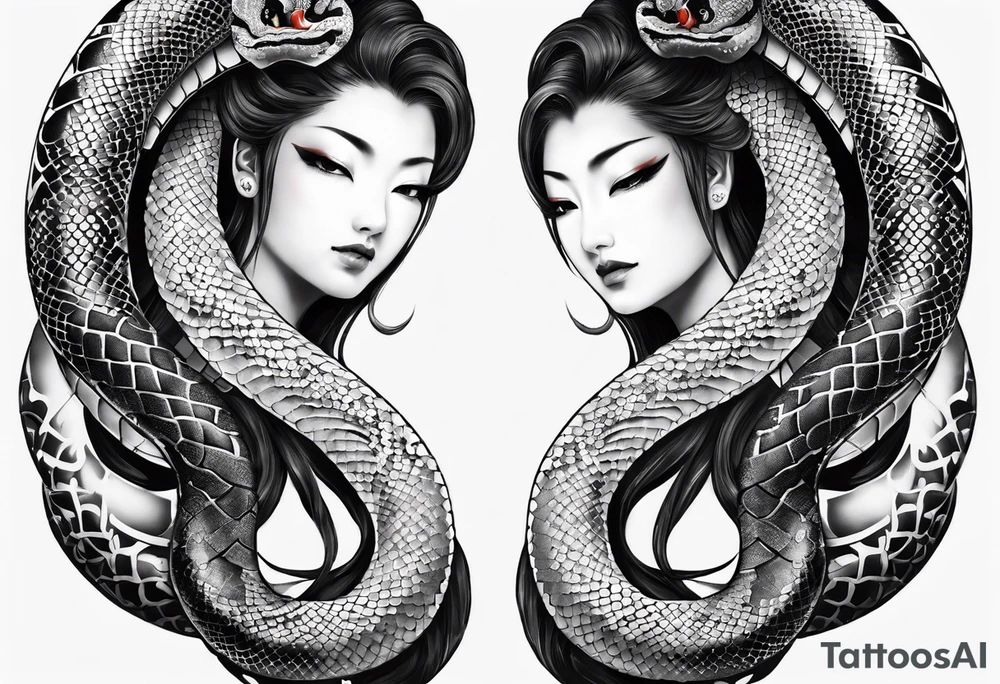Double headed snake tattoo for placement along the spine in japanese style where the head is positioned at the bottom end of my spine to symbolise a journey of healing and transformation tattoo idea