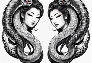 Double headed snake tattoo for placement along the spine in japanese style where the head is positioned at the bottom end of my spine to symbolise a journey of healing and transformation tattoo idea