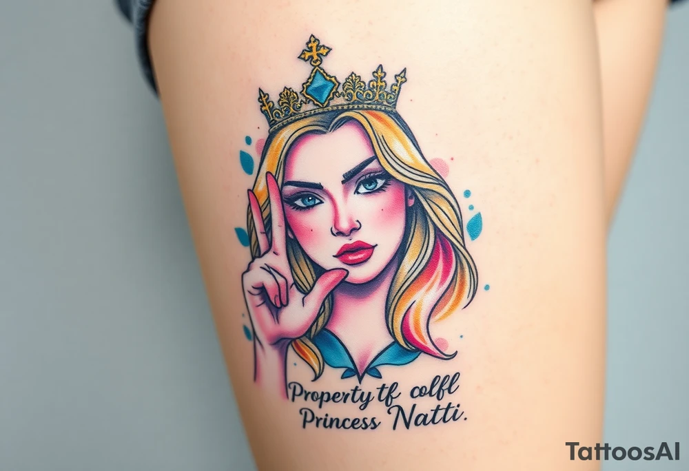 powerful blond findomme princess with crown on, making an “L” for loser with look of disgust on her face being pathetic with caption “Property of Princess Natti” tattoo idea