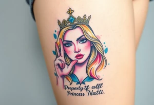 powerful blond findomme princess with crown on, making an “L” for loser with look of disgust on her face being pathetic with caption “Property of Princess Natti” tattoo idea