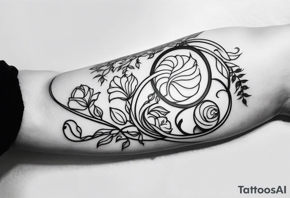 Sleeve tattoo. Vines wrapping around the arm. Flowers and a sun. tattoo idea