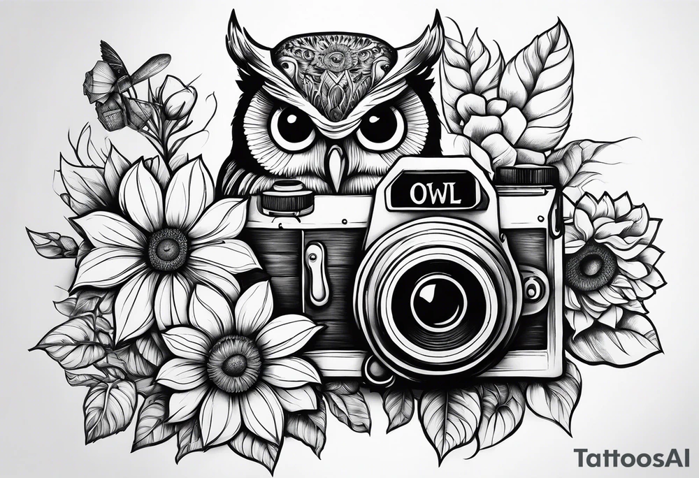 Sunflower, camera, book, owl, flower rose tattoo idea