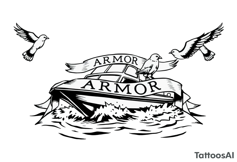 Traditional style tattoo, with a jet boat in the water, with a banner that says “ARMOR” in traditional lettering, and the banner is being held by sparrows . tattoo idea