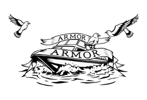 Traditional style tattoo, with a jet boat in the water, with a banner that says “ARMOR” in traditional lettering, and the banner is being held by sparrows . tattoo idea