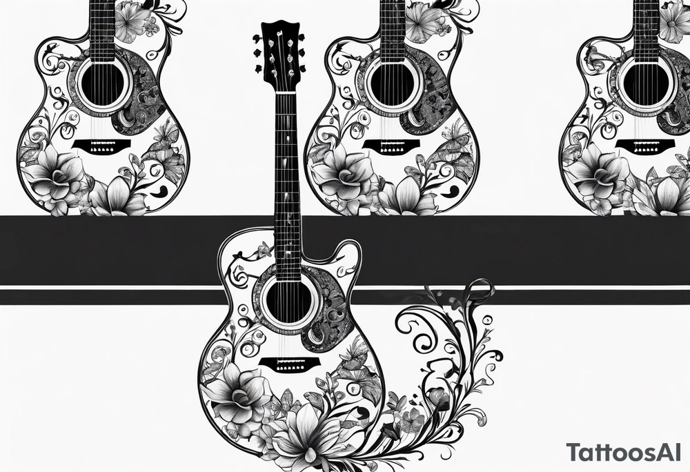 Guitar in shape of treble clef with flowers growing off the side, butterflies, small tattoo idea