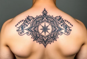 "Tibetan thangka tattoo. Geometric patterns, black/red ink." tattoo idea
