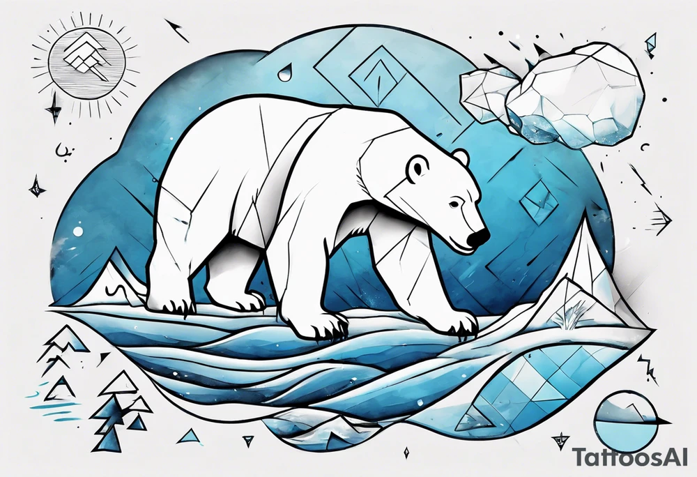arm tattoo of weather and a little muscular polar bear and ice berg and some nature make colors primary black and white with a little blue tattoo idea