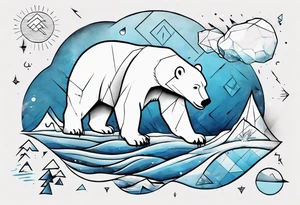 arm tattoo of weather and a little muscular polar bear and ice berg and some nature make colors primary black and white with a little blue tattoo idea