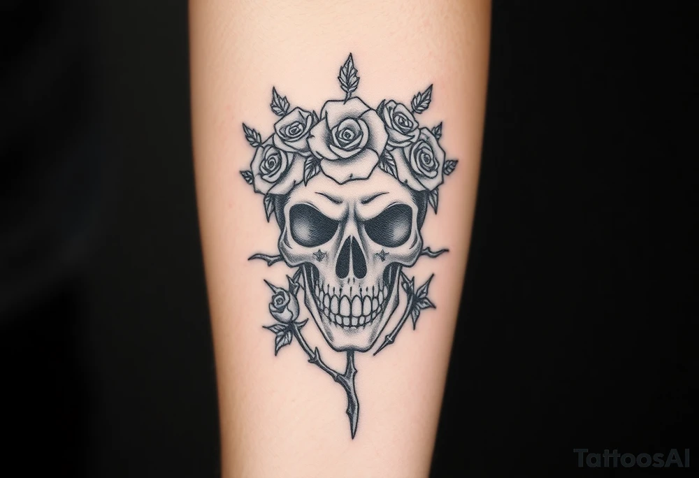 ornate skull adorned with crown of wild roses and thorns tattoo idea