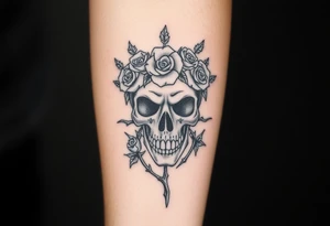 ornate skull adorned with crown of wild roses and thorns tattoo idea