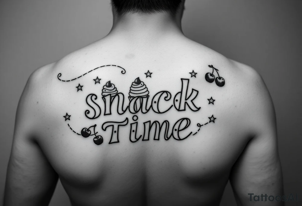 Pretty letters with lots of swooshes saying snack time with cupcakes, cherries and stars tattoo idea