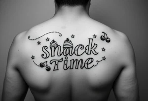 Pretty letters with lots of swooshes saying snack time with cupcakes, cherries and stars tattoo idea